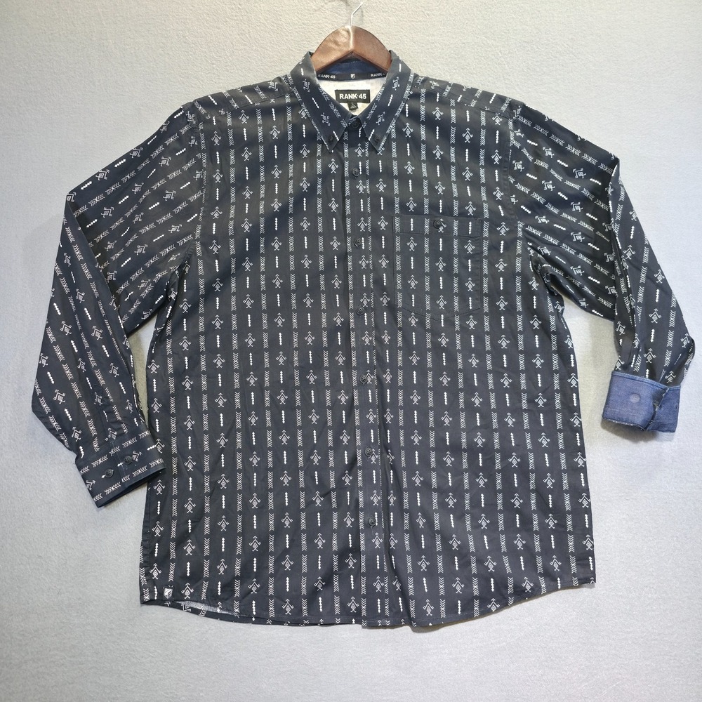 Rank‎ 45 Men's Black Aztec Long Sleeve Button Up Flip Cuff Shirt Size Large